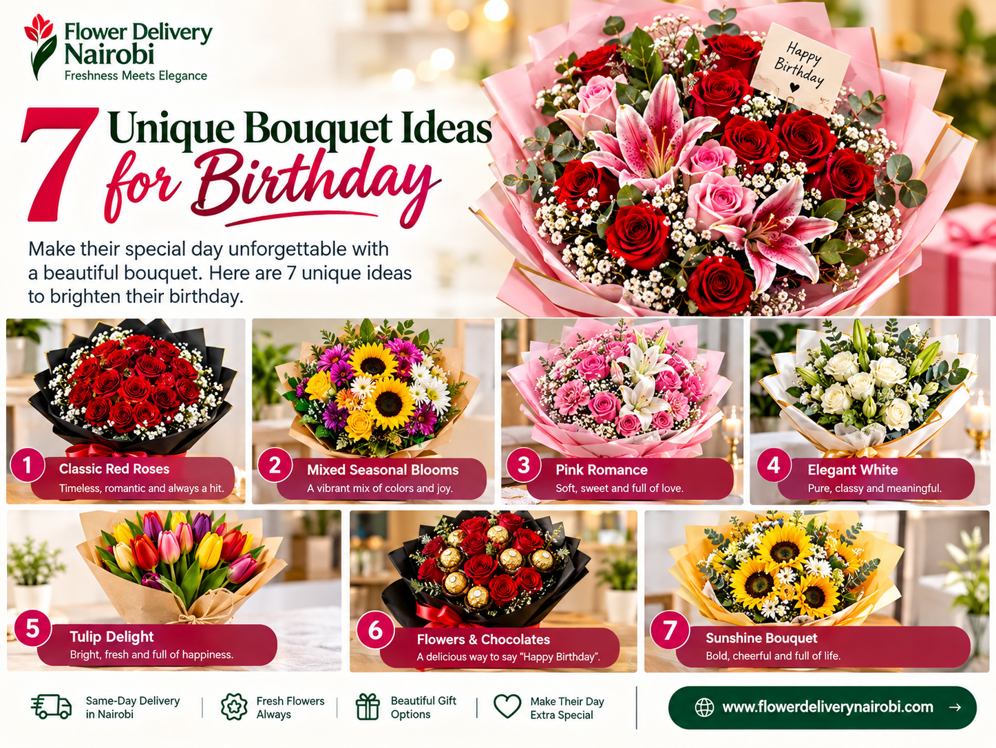 7 Unique Bouquet Ideas For Birthday featuring fresh cut Kenyan sunflowers, pink garden roses, and white oriental lilies wrapped in luxury craft paper by Flower Delivery Nairobi