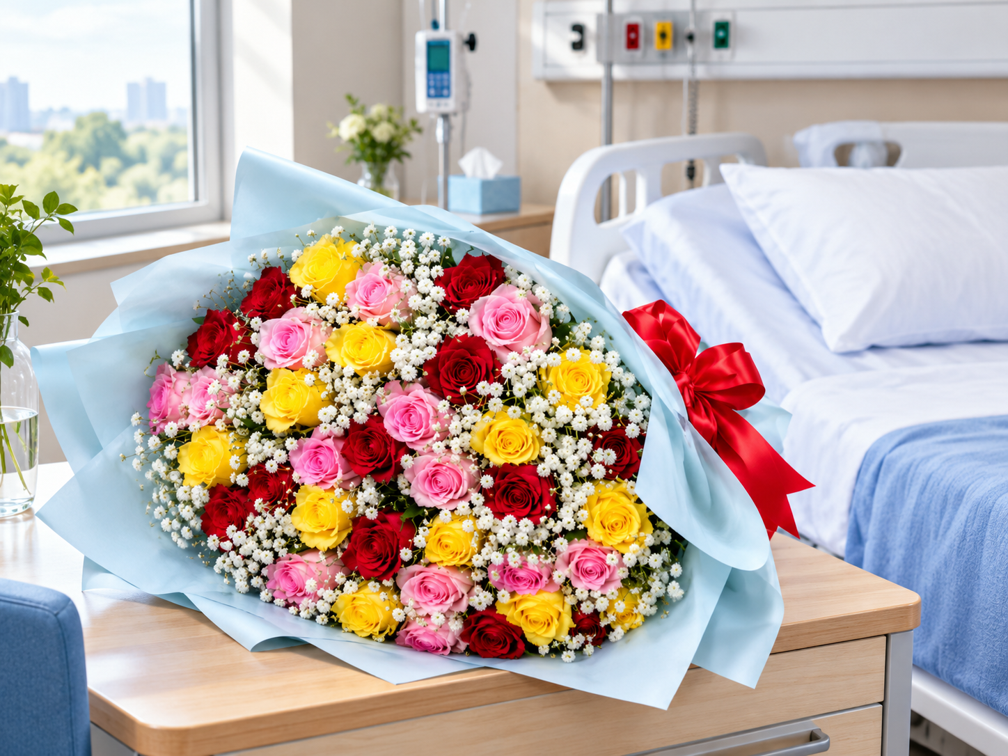 Get well soon flowers in a hospital room featuring red, pink and yellow roses