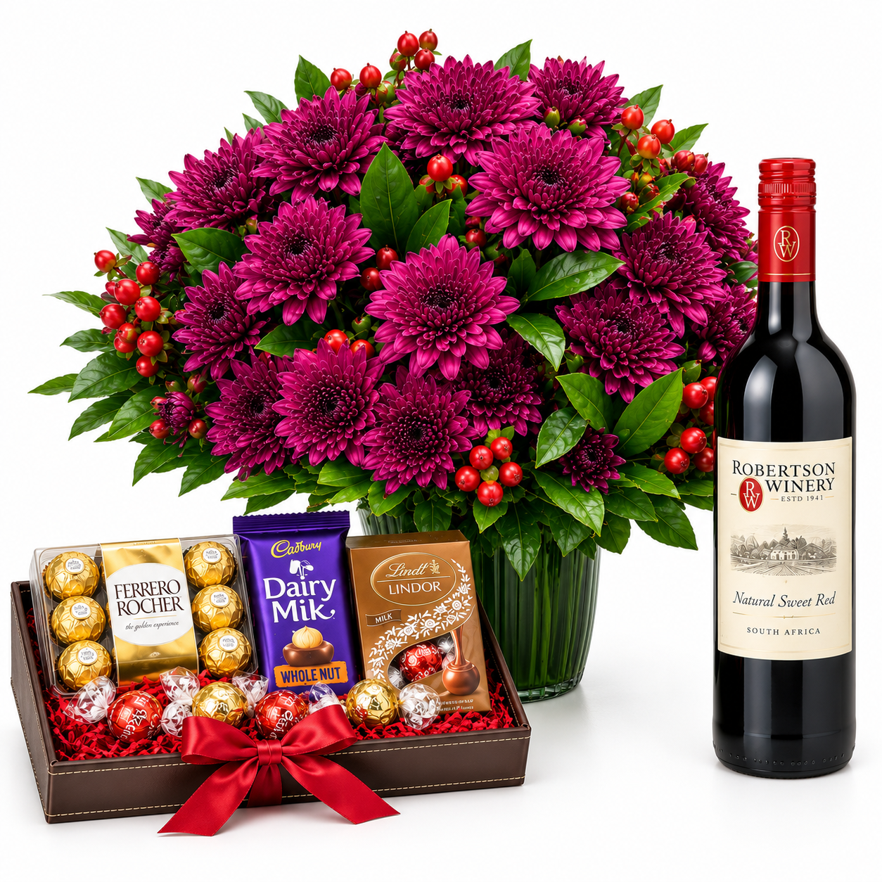 Birthday roses bouquet with chocolates and wine for delivery in Nairobi, Kenya