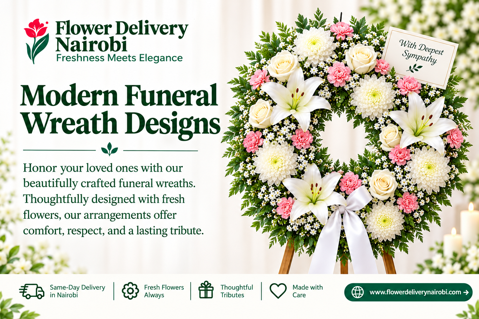 Modern funeral wreath designs featuring elegant flowers for sympathy and memorial services