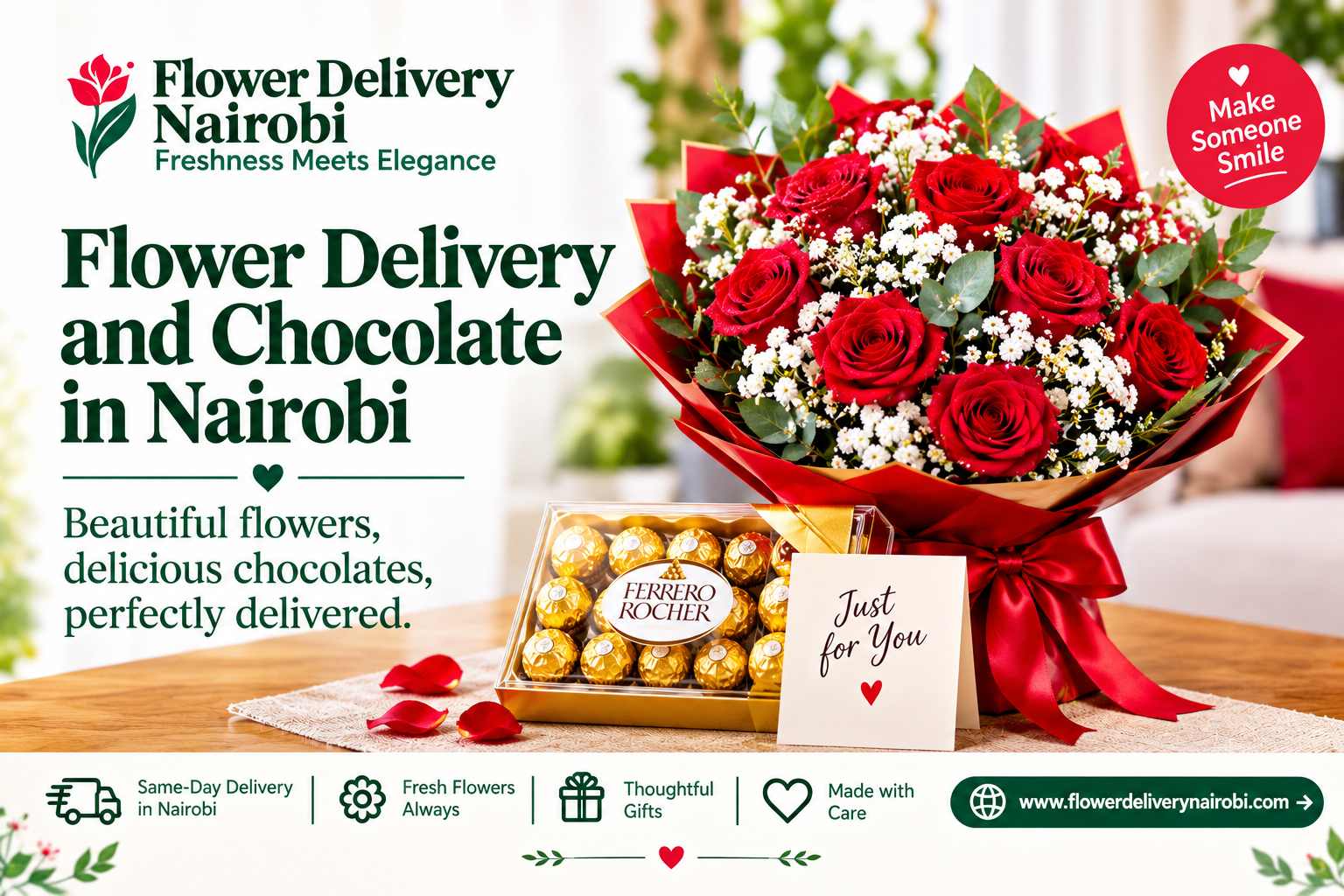Flower delivery and chocolate in Nairobi featuring a beautiful red rose bouquet and Ferrero Rocher chocolates for special occasions.