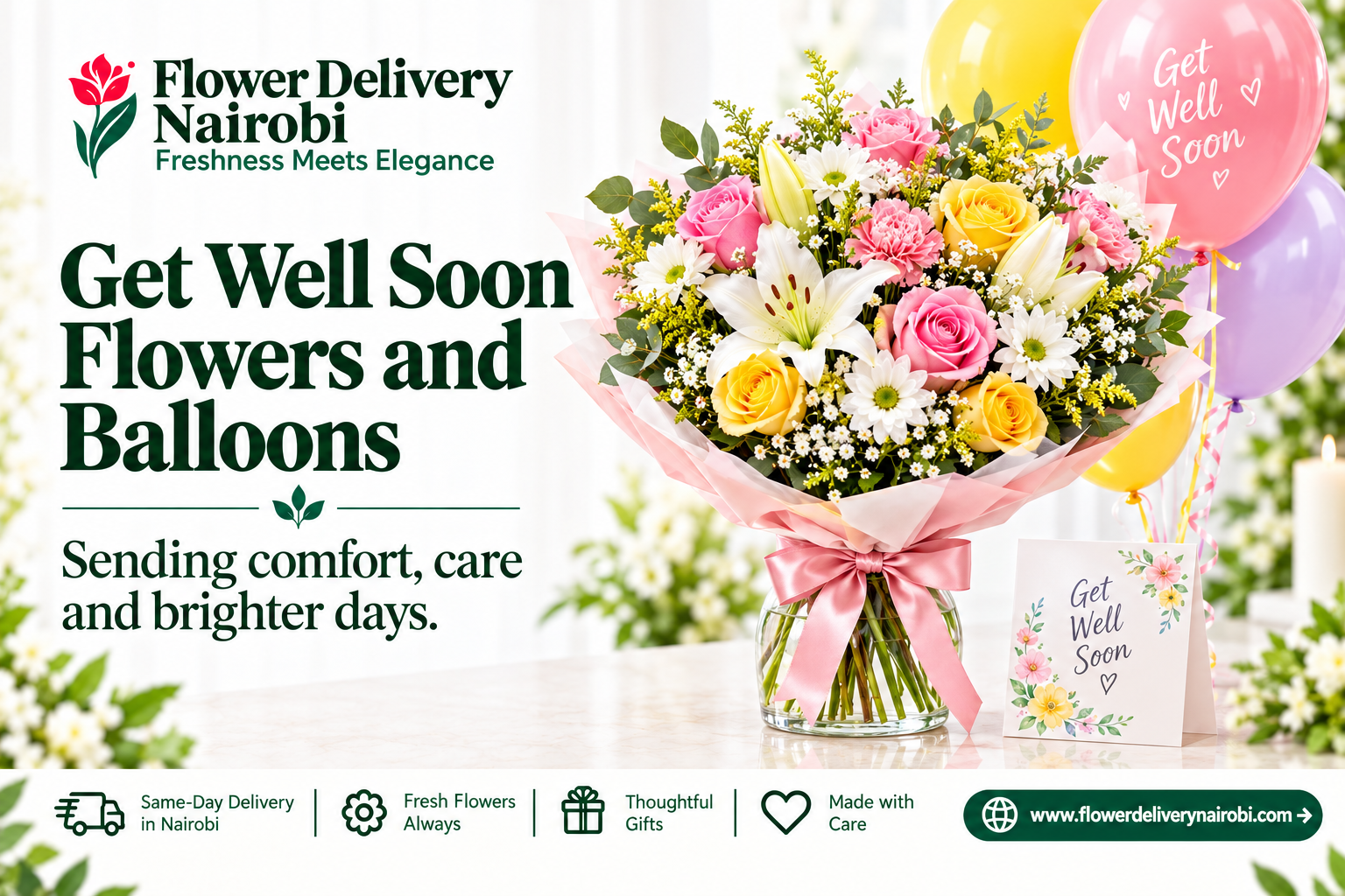 Get well soon flowers and balloons with a colorful rose bouquet for hospital and home delivery in Nairobi.