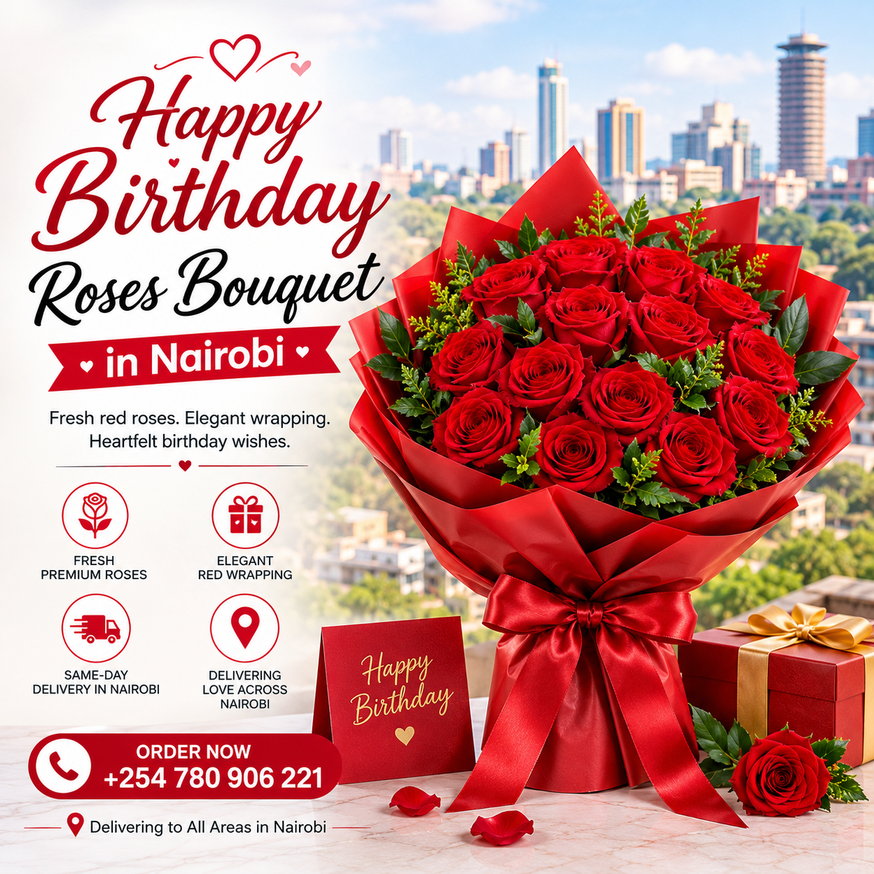 Happy Birthday Roses Bouquet with fresh red roses wrapped beautifully