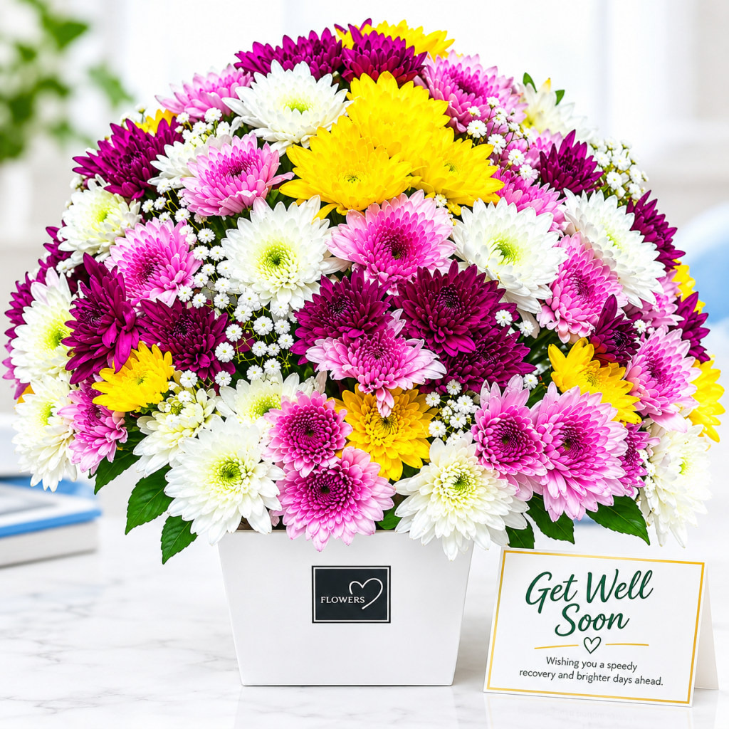 Get well soon flowers near you in a white box featuring yellow, pink, purple, and white chrysanthemums for hospital visits and speedy recovery wishes.